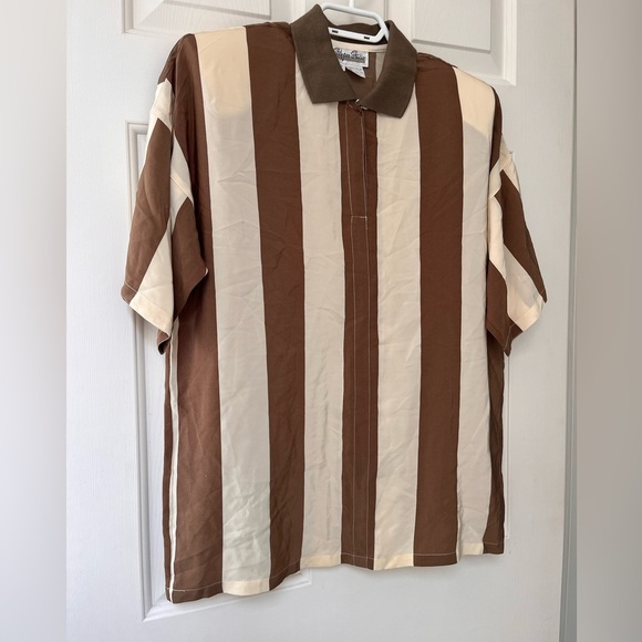 Vintage 90s Mod Silk Brown Stripe Shirt S - Picture 4 of 15